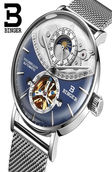 Schweiz Automatische Uhren Männer Binger -Skelett Mechanische Männer Watschen Vollstahl Sapphire Relogio Maskulino wasserdichte Blau J19064238197