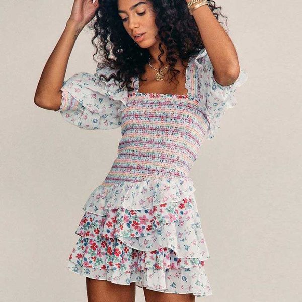 Boho inspirado estampas florais mistas vestido de festa com babados de manga de puff smock smocked laides sexy vestido mini chique de verão vestido 210608 305a