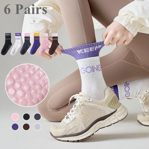 Frauen Socken 6 Paare Yoga Pilates mit Grip Nicht-Schlupf-Sport hochwertiger Baumwolltürböden mittlerer Röhrchen