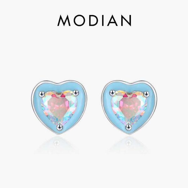 Stud Modian 925 Sterling Silver Romantic Romantic Blu Orecchini a forma di cuore a forma di cuore zirconia zirconia Gioielli da sposa Q240507