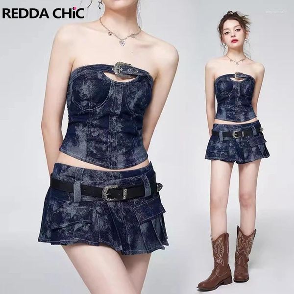 Arbeitskleider Reddachic Women Krawatte Dye Denim Top Rock