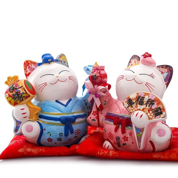 Esculturas japonesas cerâmica maneki neko lucky gato dinheiro caixa fortune gato feng shui artesanato central peça de decoração caseiro recém -casado no recém -casado