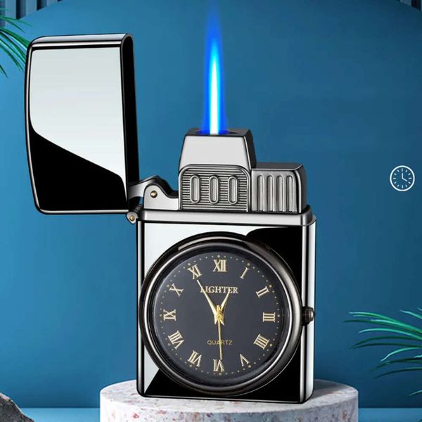 Orologio elettronico in metallo all'ingrosso Accendino più leggero Gas Flame Flame Gas non riempita sigaretta regalo