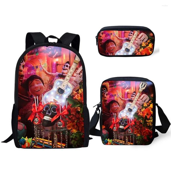 Backpack Trendy Coco Music Skull Pattern 3D Stampa 3pcs/set di borse da scuola per alunni Laptop Daypack Case a matita con spalla inclinata