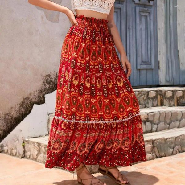 Skirts Boho Beach Skirt Stampa luminosa Maxi Floral For Women Elastic High Waist A Line Hem Party