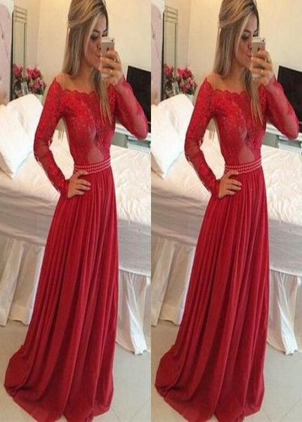 Abiti da ballo rosso manica lunga spalla una linea Appliques in pizzo sulla gonna in chiffon superiore con cocktail formale perla dres4189035