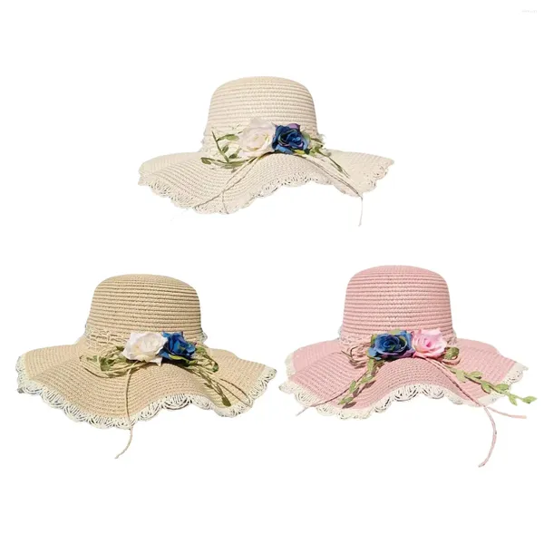 Donne di paglia di cappelli larghi con abbellimenti rosa protezione solare estiva portatile per festival di brevi viaggi