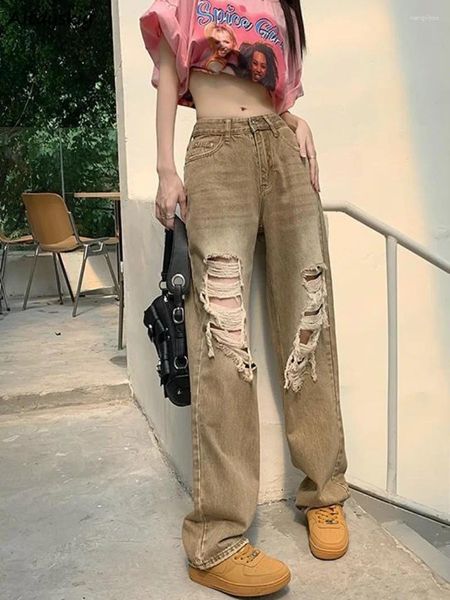 Frauen Jeans Hole Frauen amerikanischer Chic Sommer Baggy Vintage Rised Street Einfache All-Match Gothichose Stilvolle Y2K High Taille