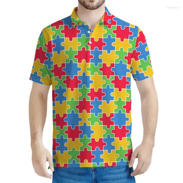 Polos masculinos Consciência do autismo 3D Camisa pólo de impressão Homens Mulheres verão Casual de mangas curtas de camiseta solta Patilhão de quebra-cabeça Tees Tops de rua