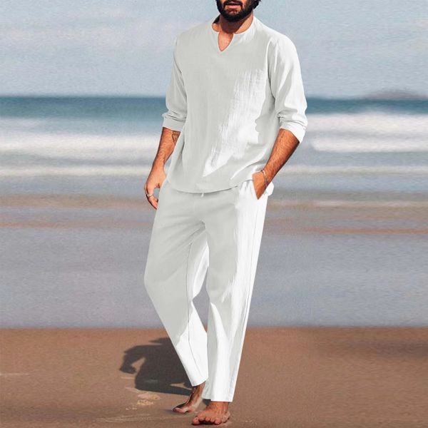 Summer 2 pezzi/set da uomo in lino in cotone Blend set pantaloni a maglietta a V a maniche lunghe Set di abbigliamento da spiaggia da uomo casual 240430 240430