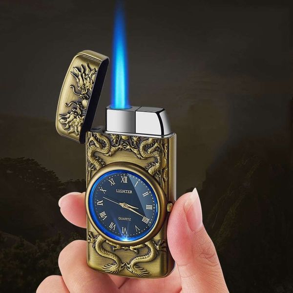 RETRO BRONZE MULTIFUNÇÃO PREMIUM Blue Flame Torch Relief Limite Cool Relógio Lighters Custom Relógio Atacado mais leve