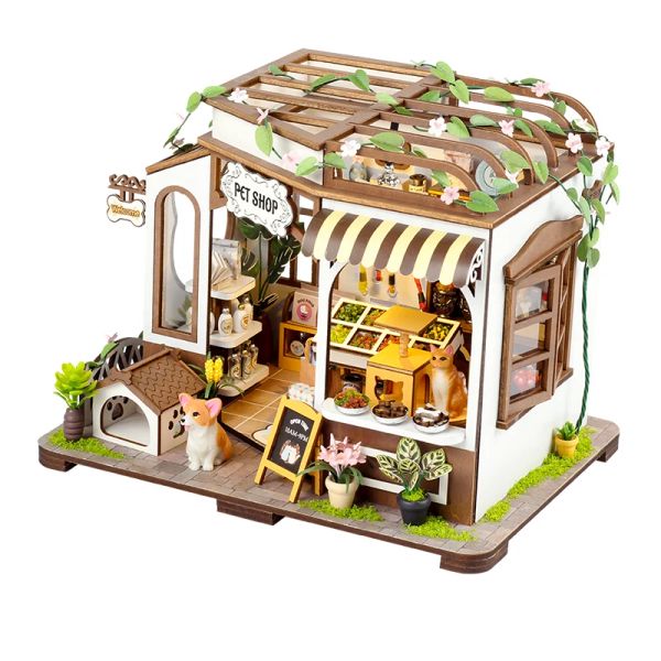 Miniaturas Novas kits de construção em miniatura de pet shop de madeira de madeira com luzes de bonecas montadas casas casas de decoração de amigas de aniversário