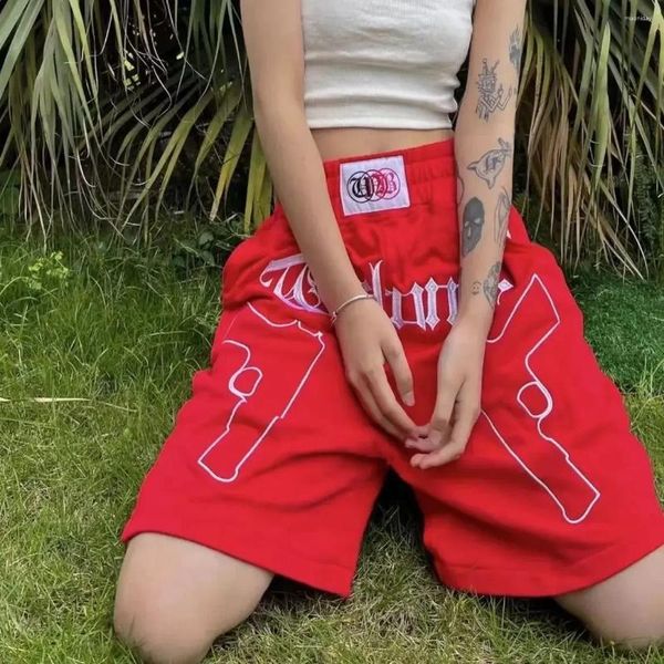 Calça feminina Cotton Streetwear Mulheres americanas bordadas de moletom casual Casal Casal Padrão de armas de hip hop Cortear roupas Y2K de grandes dimensões