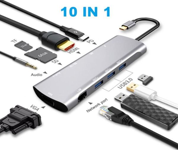 Hub USB C, hub 10-em-1 tipo C com porta Ethernet, 4K USB-C para, VGA, 3 portas USB 3.0, portátil para Mac Pro e outros laptops Tipo C7866384