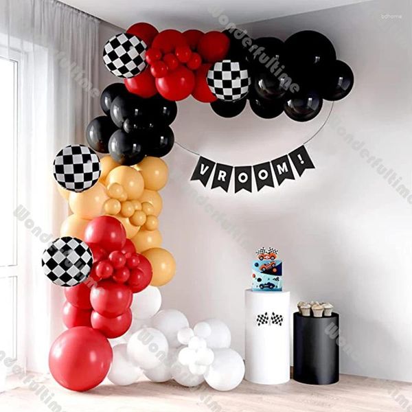 Party -Dekoration Rennwagen -Auto Theme Ballon Arch Kit 1. 2. Geburtstag Vroom Dekor rot weiß schwarze Girlande karierte Globos