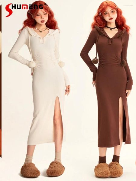 Vestidos casuais 2024 Autumn Winter Girl Knited Dress moda moda moda de cor sólida manga comprida Pullover Slim Fit Hip