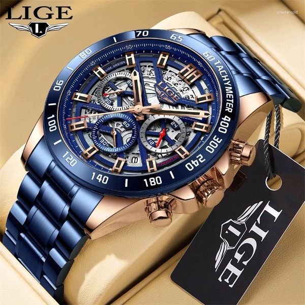 Нарученные часы Lige Chronograph Fashion Casual Men Watch Top Brand Big Dial Календарь из нержавеющей стали Кварце