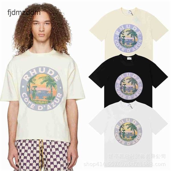 Tendências masculinas e femininas Designer Moda RH High Street Lake Coconut Tree Penpansping Camiseta de lazer de algodão curto puro para homens e mulheres