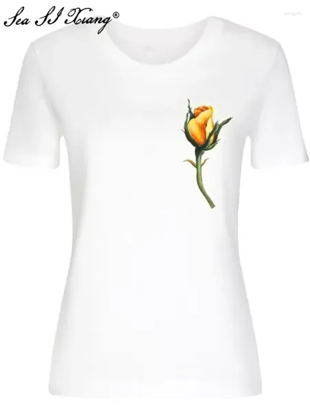 Camisetas femininas Seasixiang Fashion Runway Primavera de algodão Tees de algodão Mulheres O-Gobes Apliques de Rosa Casual de Manga O-Golas Apliques Casuais