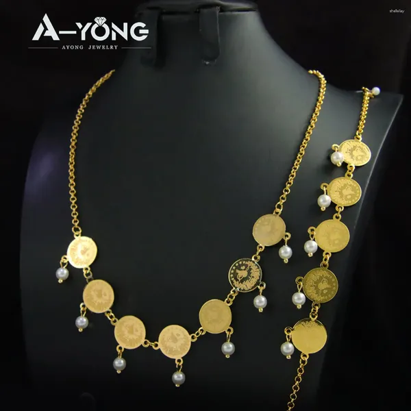 Серьги ожерелья устанавливают Ayong Arab Coin Wedding Party 21k Золотая жемчужная цепь Дубай Ювелирные изделия Этнические арабские роскошные ювелирные изделия.