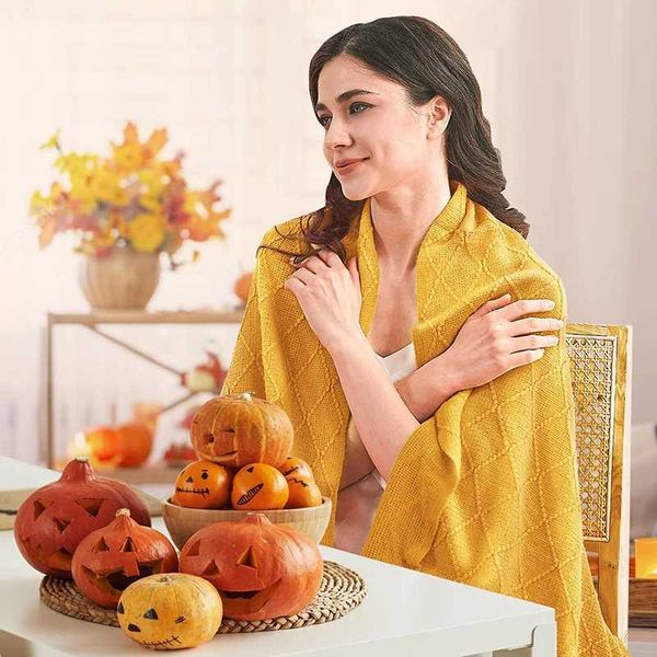 Одеяла вязаное горчичное желтое одеяло для кушетки дома осень зимняя декоративная кисточка одеяло уютное листовое диван бохо