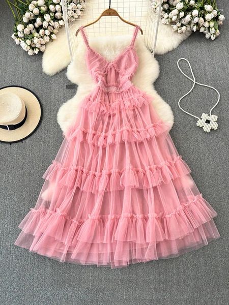 Abiti casual Summer Fashion Vine a V-Neck Bornle Slewless Dress per Women's Pink Beach Vacation A-Line Mesh Cake A32