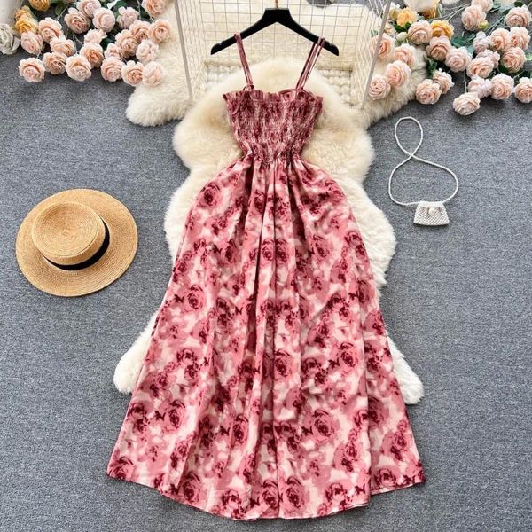 Lässige Kleider Yuoomuoo Korean Fashion Rose Blume Print Romantische Retro -Party -Kleider Sommer Elastic Taille Urlaub Long Beach Vestido