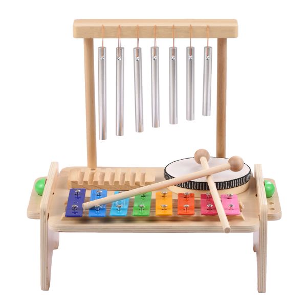 Strumenti Combinazione del camerino del vento set per bambini set tamburo set windchime xylophone drum legno guiro raschietto 4in1 strumenti musicali impostati per kid regalo