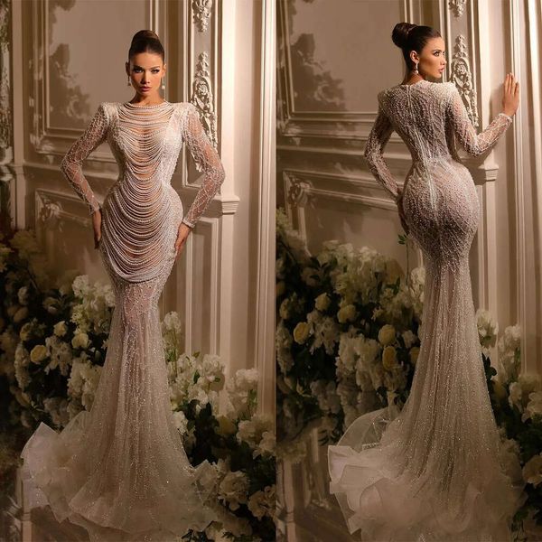 Düğün Jewel Denizkızı İnci Uzun Elbiseler Zincir Kollu Tül Başvuru Sahipleri Cascading Ruffles Zemin Uzunluğu Özel Artı Boyut Beden Vestidos De Novia