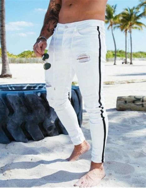 Eleglish White Ripped jeans skinny masculino listras laterais de retalhos de cowboy casual hole preto trecho slim fit hip hop mass de jeans x08371231