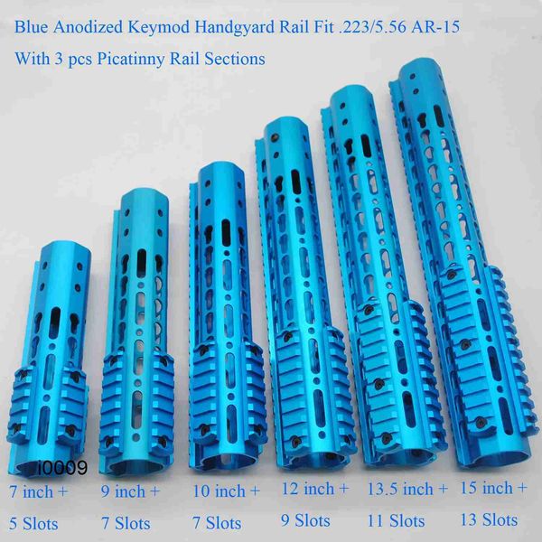 Peças 7/9/10/200/13,5/15 polegadas Keymod Handguard Rail+3 Pcs Seções Picatinny System_Blue Color Anodized+Aço porca de cano de aço