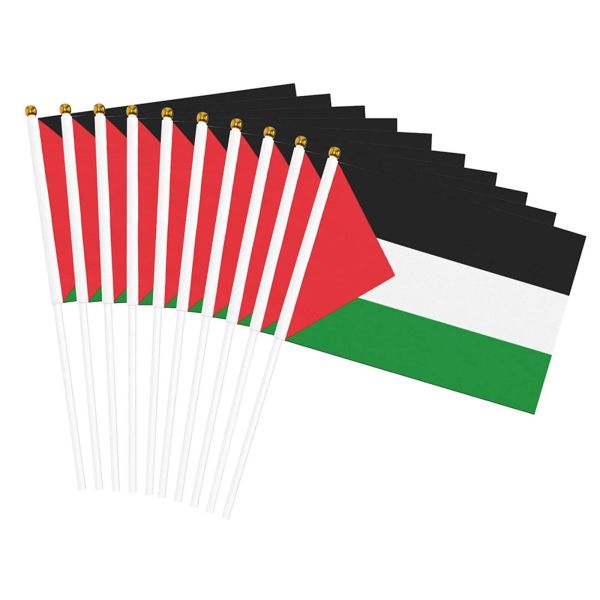 Flags 10/100pcs Bandeira da Palestina 14x21cm Poliester Banner Palestina Bandeira da mão com polo