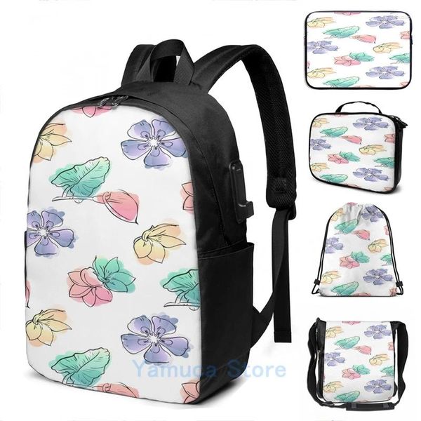 Mochila Impressão gráfica engraçada em toda a flor Floral Flor Watercolor USB Charge Men Bags Escola Laptop de Viagem para Viagem