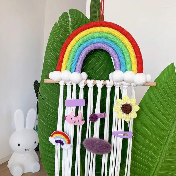 Estatuetas decorativas de parede nórdica pendurada decoração em casa, penteado de cabelo infantil, organize armazenamento de arco -íris fios de algodão