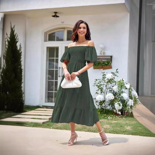 Abiti casuali da donna 2024 Summer Summer Neck Shor Shor Slip Color Solid Waist High Smocked Flowy A Line Abito Midi a più livelli