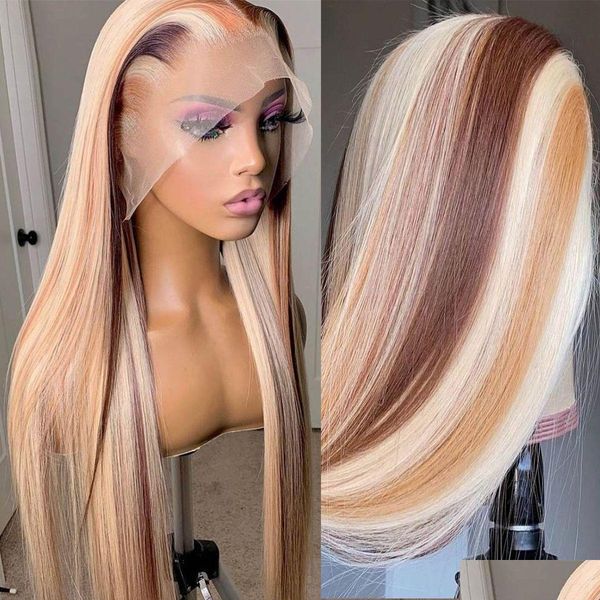 Perucas sintéticas da malaia HD Lace Front Human Human Human Destaque loiro reto 13x4 Wig frontal sem glue sem vidro preto/marrom/rosa DH3JO pré -tumulto