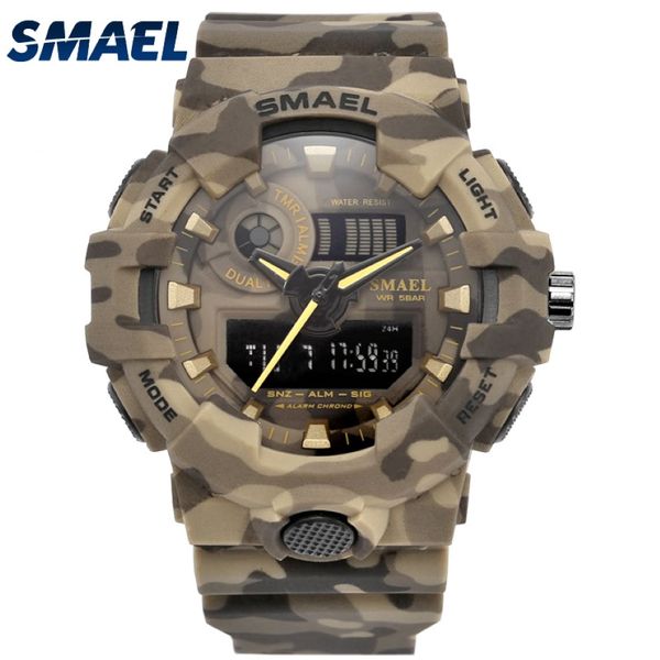 New Camouflage Military Watch Smael Brand Sport Watches LED LED LETZ RELÓGIO MEN MEN SPORT WRISTWATCH 8001 Mens Exército assistir à prova d'água LY191213 265Q