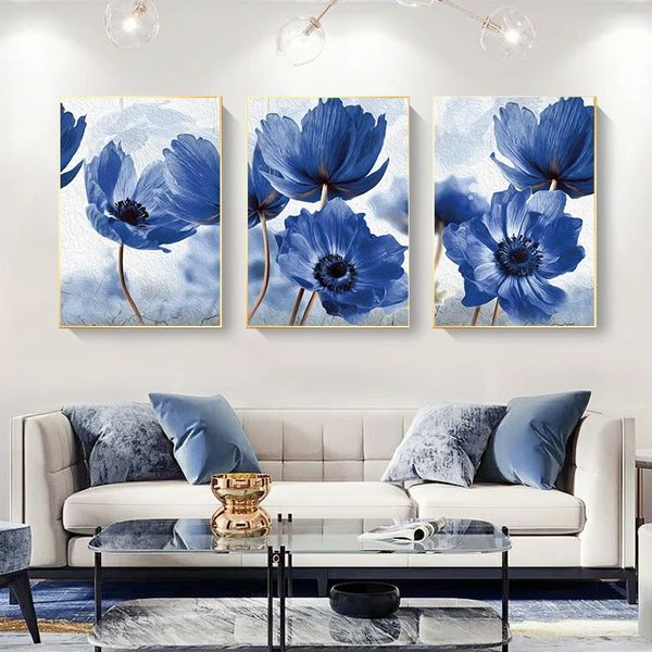 Belas Flores Azuis Posters de Canvas Pintura Imprima Arte da parede Imagem para sala de estar Nórdica Sala de estar Decoração caseira sem moldura