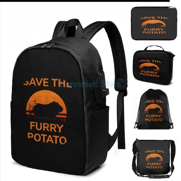 Impressão gráfica de mochila Salvar a batata peluda - cobaia Pig Wheek Retro Gift USB Charge Men Bags Escola Mulheres Viagem Laptop Bolsa