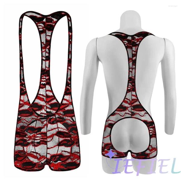 UNDUPTS Erkekler Sissy Floral Dantel İç çamaşırı Tulum Güreş Singlets Sden Seotard Seksi Bodysuit Boxers Clubwear Açık Buunderwear