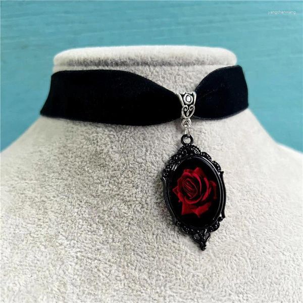 Charker Gothic Red Rose Cameo Colar Pingente Black Velvet Veludo Ajustável Halloween Cosplay Jewelry Gift