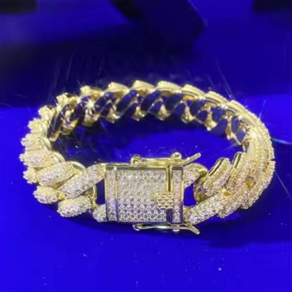 2024 Moda por atacado Hip Hop Gold Color Iced Out Zircon 15mm 925 Silver corda com contas cubanas de link cubano