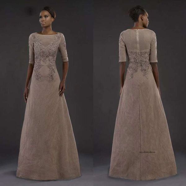 Elegante Janique Eine Linie Mutter der Braut Kleider Juwel Juwel halb Ärmeln Spitzenapplikation Pailletten Hochzeit Gastkleid bodenlange Abendkleider 0508