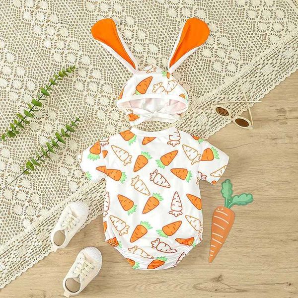 Rompers Infant Baby Ostern Jumpsuit Karottenabdruck runder Hals kurzärmelen Strampler mit Hasenohrhut für Jungen Mädchen H240508