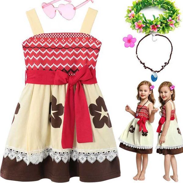 Vestidos de menina meninas pré -escolares deslizam vermelho com Moana Princess Dress Dress Summer Summer Sleeless Knee Roused Criança Colar de palha de palha Casual Casual CasualL240508