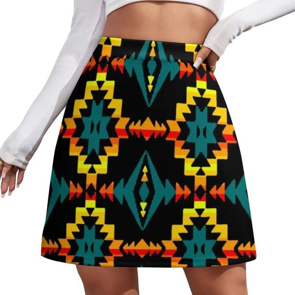 Signe Teal / Geometric Native Printv1 Mini gonna Fashi