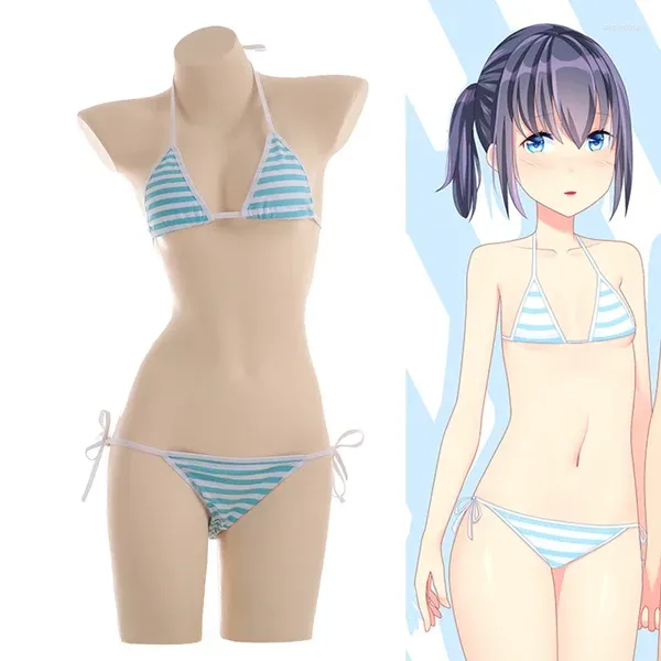 Bras set giocattoli anime kawaii mini bikini cosplay blu a strisce bianche micro 2024 vestito da nuoto per donne tie laterale set di costumi da bagno