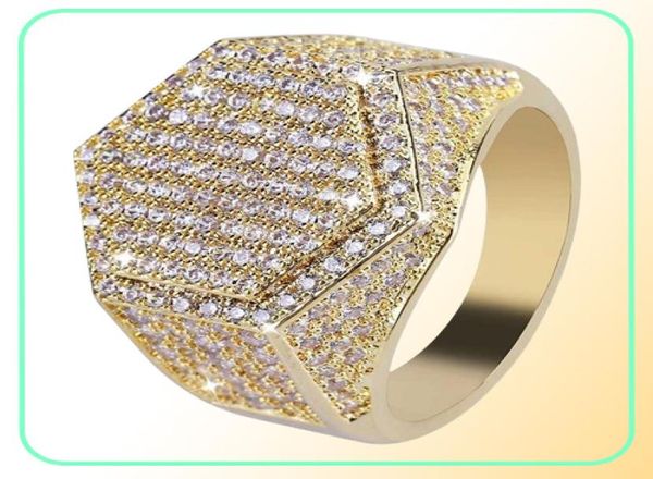 Хип -хоп куб бриллиант Медный золотой серебряный цвет покрыта со льдом из микроволнового кубического циркона кольцо для мужских ювелирных колец 278F1548888
