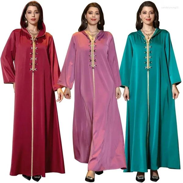 Roupas étnicas vestido de mulher muçulmana oriental dubai festas de luxo de luxo vestido de cetim de moda de miçanga de manga comprida pescoço de capuz árabe abaya