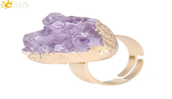 CSJA 2018 AMETYST Purple Quartz Anello di gemma naturale irregolare Crystal Druse Gioielli per donne senza dita dimensioni limitate oro ebreo oro ebreo oro